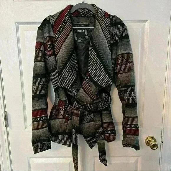 Me Jane Woven Open Front Asymmetrical Jacket with Tie Front Wool Aztec Print - Picture 1 of 7